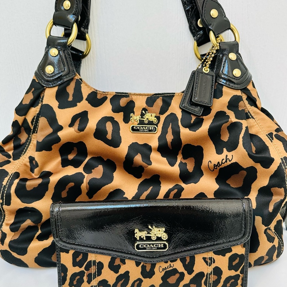 Vintage Coach Leopard Print Women's Bag Set - Black and Tan.